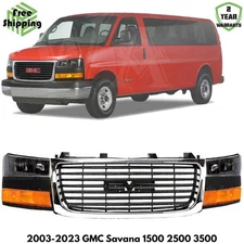 Front Grille Chrome & Headlights Kit For 2003-2023 GMC Savana 1500 2500 3500