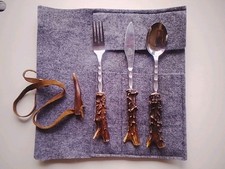 Jagdbesteck Nica Hirschhorngriffe M22G21Lö22cm Eicheln  Filzwickeltasche E2