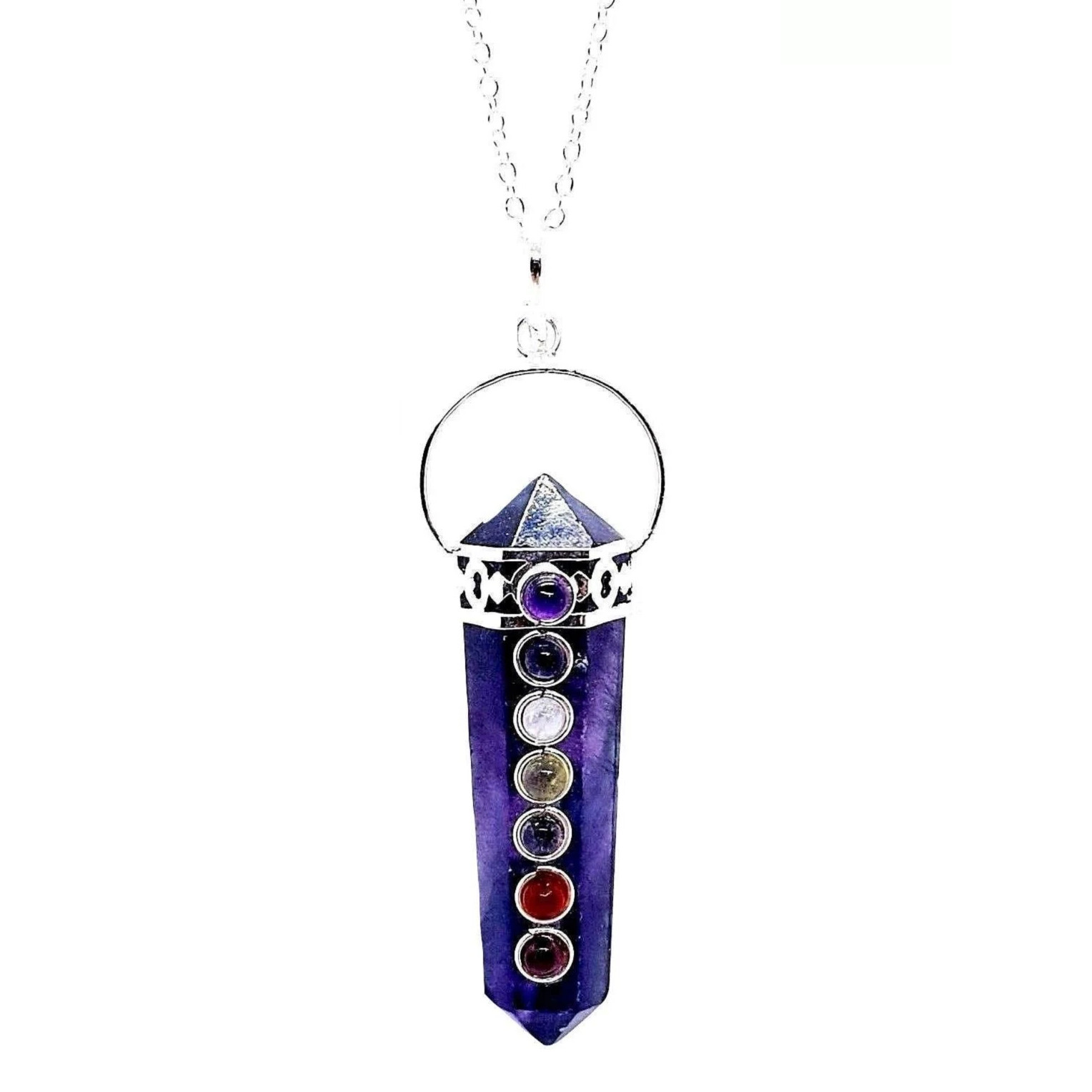 Fluorite Pendant Necklace Crystal 7 Chakra Purple Gemstone Jewellery & Boxed