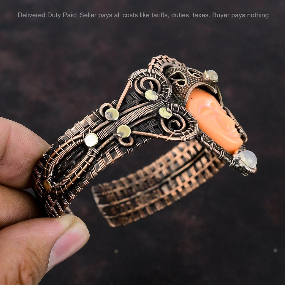 Cobre Naranja Tallado Cara Piedra Arco Iris Piedra Lunar Alambre Envuelto Art Deco Nuevo Brazalete Foto 4 de 4