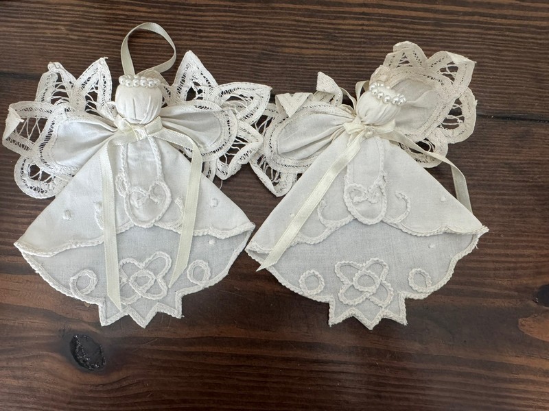 Vintage Handmade Lace Doily Angel wings Christmas tree Ornament  SET OF 11
