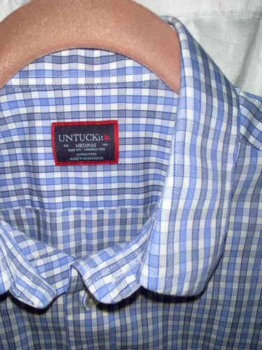 UNTUCKit Wrinkle-Free Men's MEDIUM SS Button-Down Blue White Navy Checked - Picture 2 of 15