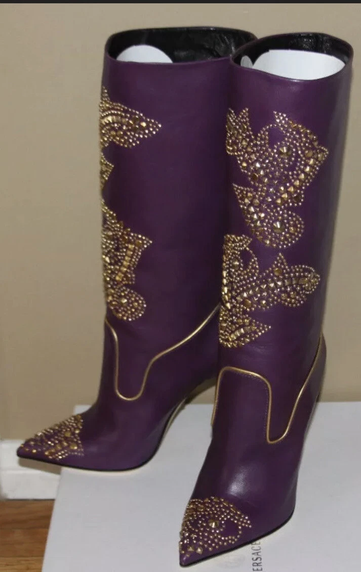 VERSACE WESTERN STYLE GOLD STUDDED STILETTO HEEL PURPLE BOOTS 37.5