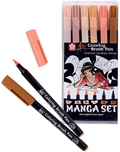SAKURA -SET 6 PENNE IN ASTUCCIO "COLORING BRUSH PEN" PER DISEGNO MANGA