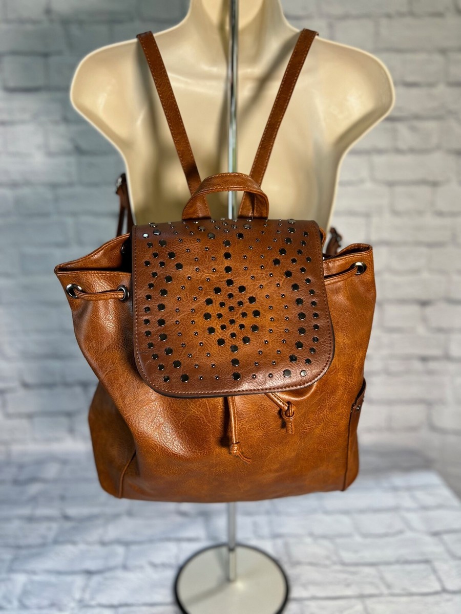 SAM HADLEY Studded Faux Leather Drawstring Backpack NWOT Saddle