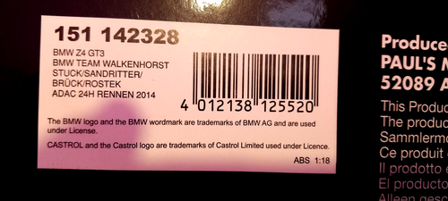1/18 BMW Z4 E89 GT3 #28 Team WALKENHORST ADAC 24h-Rennen 2014 Minichamps - Photo 18/18