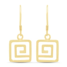 Greek Key Geometric Pattern Dangle Earrgs 14K Yellow Gold Plated Sterlg Silver