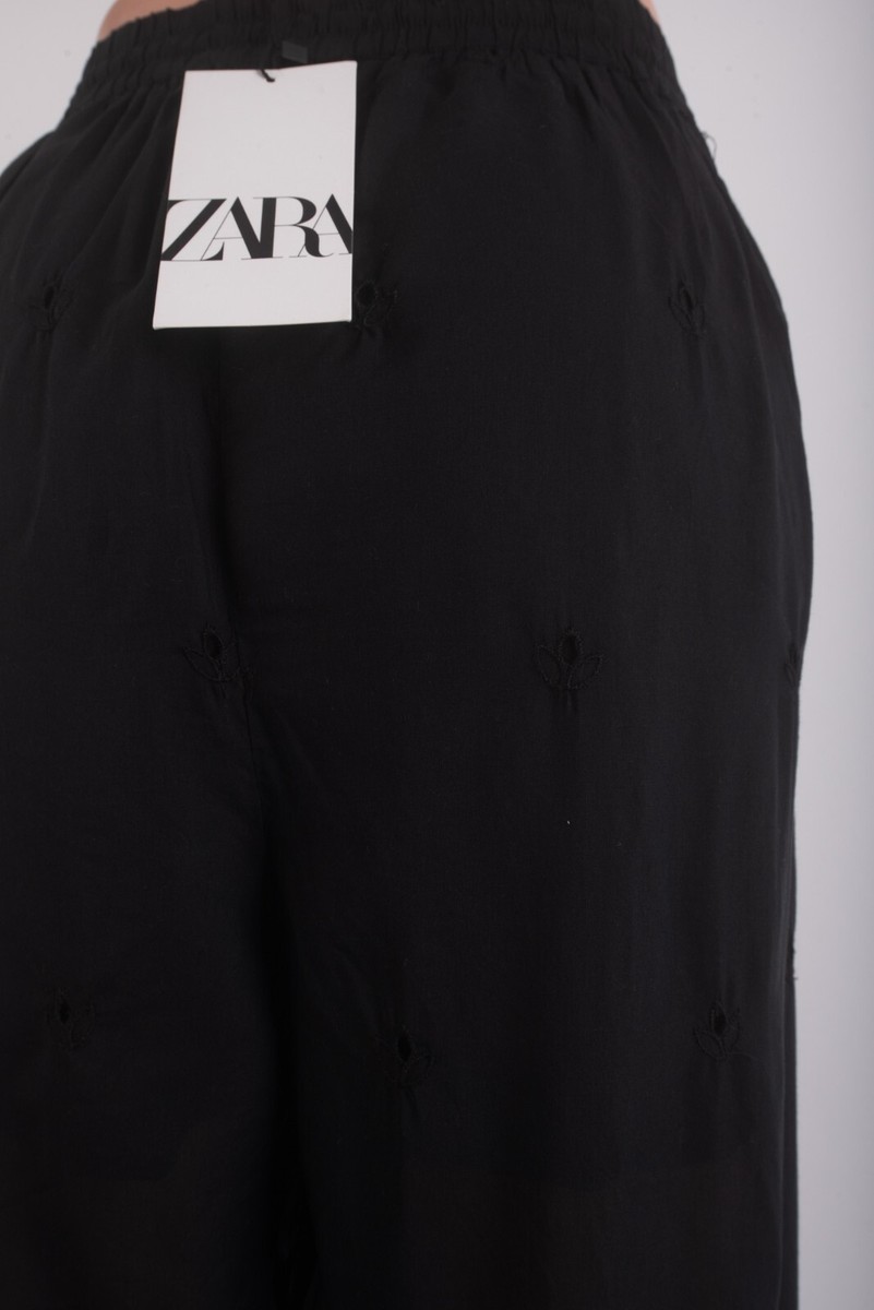 Zara Womans eyelet Pants Size L Black Beaded Wide Leg