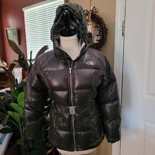 Girls The North Face Puffer Jacket Gray Hood Hoodie Size 14 16 Large 550 Belt