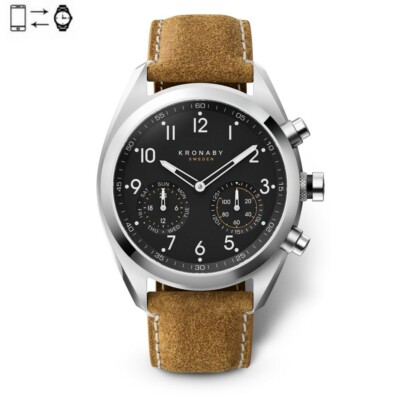 Kronaby Apex connected watch 43mm Steel, Black dial Leather strap S3112/1