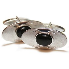 Vintage Swank Oval .925 Sterling Silver and Onyx Florentine Finish Cuff Links