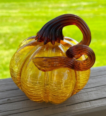 Hand Blown Art Glass Amber Orange Pumpkin Long Curled Stem Crackle 4''