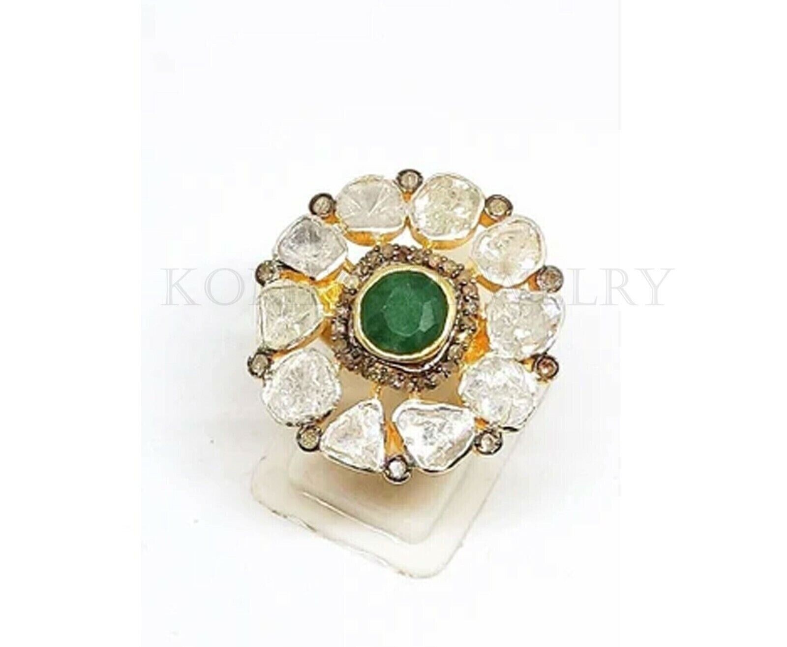 Stunning Natural Emerald Cocktail Ring with Pave and Polki Diamond Slice Accents