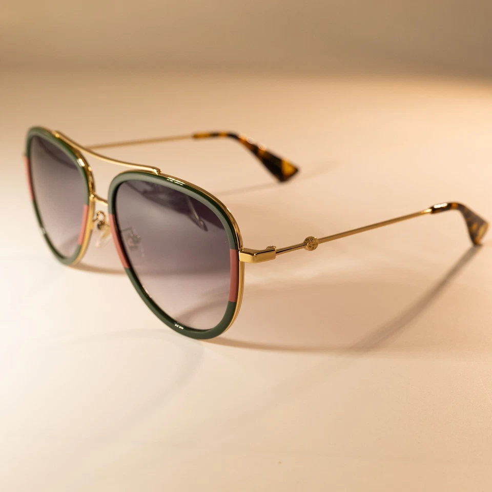 Gucci GG0062S 003 57mm Aviator Green/Red Unisex Sunglasses with Light Grey Lens - Image 4 of 4