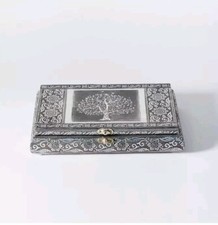 Antique Jewellery Box Trinkets Silver  Aluminium Tree Of Life Velvet Lining