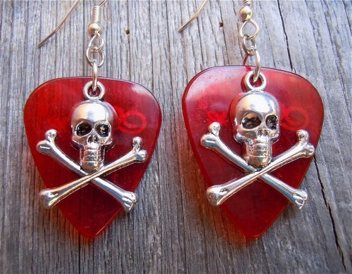 Skull and Crossbones Charm Guitar Pick Earrings - Pick Your Color - 第 1/11 張圖片