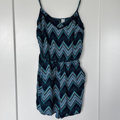 Divided by H&M Geometric Print V Neck Sleeveless Romper Teal Blue Womens Size 10 - Picture 2 of 5