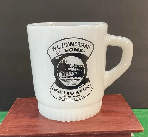 Vtg 1984 Anchor Hocking Milk Glass Mug WL Zimmerman & Sons Intercourse PA 75th A