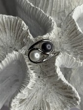 925 Sterling Silver White  Black Pearls Ring Size 6