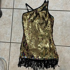 Dance HQ Gold Sequin One Shoulder Leotard w Fringe Skirt Performance Costume