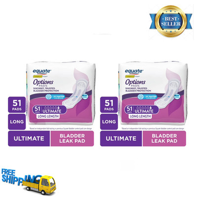 Equate Options Incontinence Pads Ultimate Absorbency Long 51 Ct, 2PK (102 Total)
