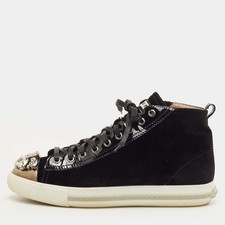 Miu Miu Crystal Embellished Cap Toe Size 38.5 Black Patent Leather and Velvet