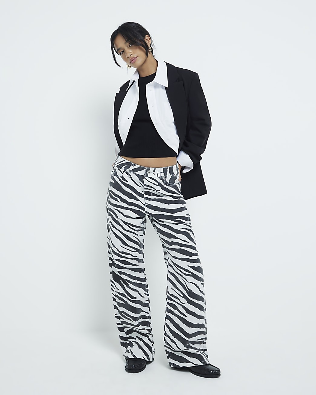 River Island Womens Straight Jeans Petite Black Zebra Relaxed Trousers Bottoms