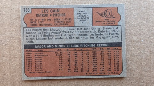 Tarjeta 1972 Topps Les Cain #783 Detroit Tigers - Imagen 2 de 2