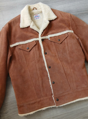 Vintage Levi's White Tab Suede Sherpa Trucker Jacket - Brown - Size L [p2p 23'']