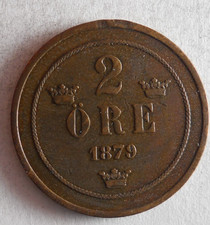 1879 SWEDEN 2 ORE -  Low Mintage Vintage Coin - Big Value - LOT #D21