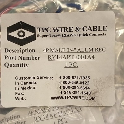 Lot Of 18. TPC Wire & Cable Quick Connect 12AWG 4P Male 3/4in Alum RY14APTF001A4