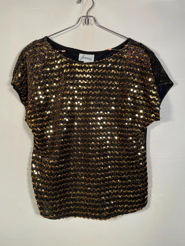 Top Vintage Años 80/90 Lentejuelas Doradas Hecho en EE. UU. Talla L Foto 3 de 4