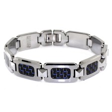 Tungsten Carbide Blue Carbon Fiber Inlay Men's Biker Bracelet 8.5"