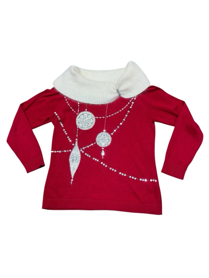 Suéter de Colección Berek Rojo Blanco Estrás Angora Algodón Adorno Vacaciones Navidad Talla L Foto 3 de 4