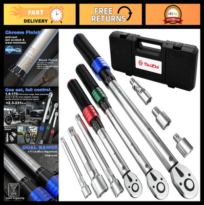 9PC Torque Wrench Set 20-220 In lb, 5-45 & 10-170 Ft lb, 3 Extensions, Anti-Rust