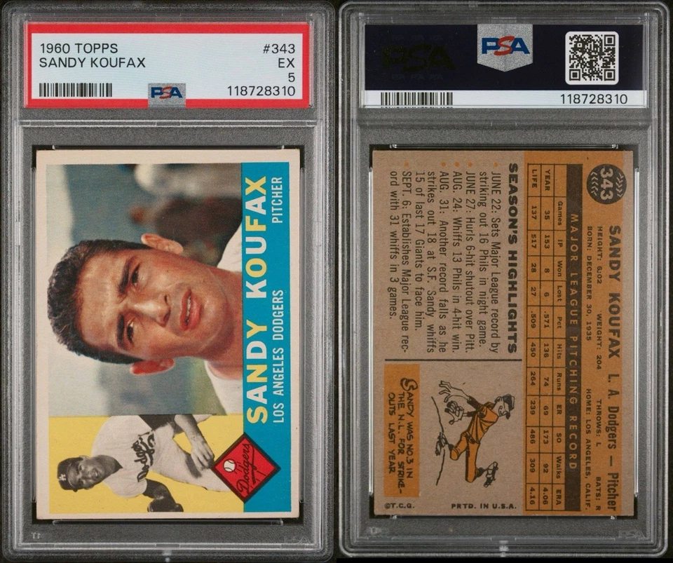 1960 Sandy Koufax Topps PSA 5 #343 - Imagem 3 de 3