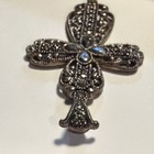 Signed 925 Sterling Silver Marcasite Cross Pendant Religious Pear Black Stones — photo 5