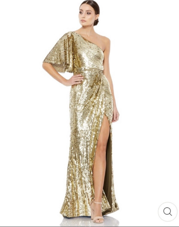 Mac Duggal Gold One-Shoulder Side Slit Sequin Column Gown Sz 10 $598 | eBay