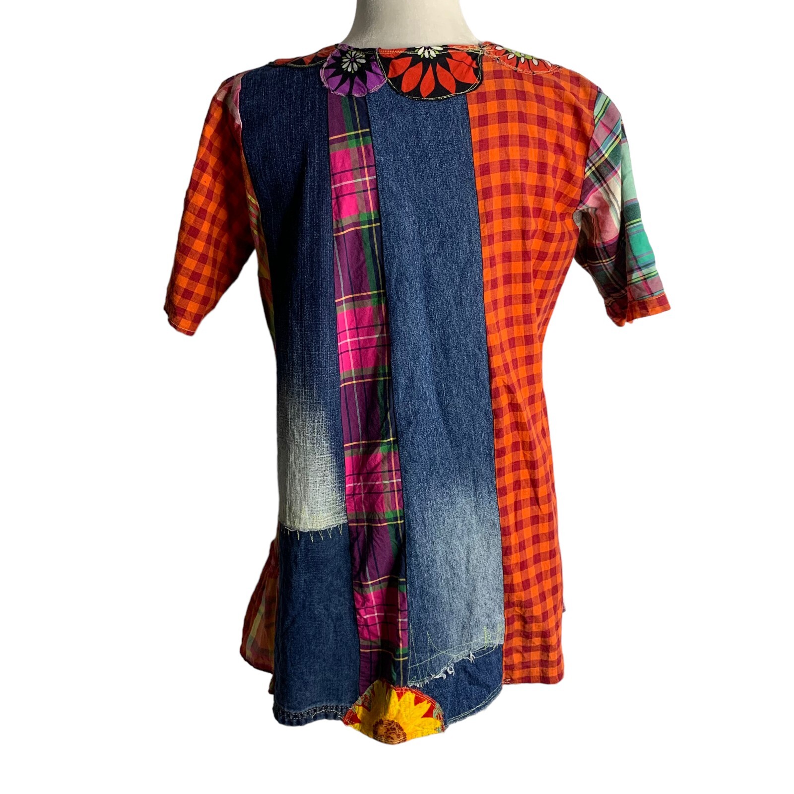 Handmade Patchwork Babydoll Top S Multi Square Ne… - image 4