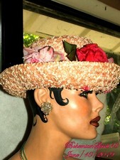 VINTAGE 1950's Gorgeous Summer Pink Straw With Large Multi Color ROSES Sz M HAT