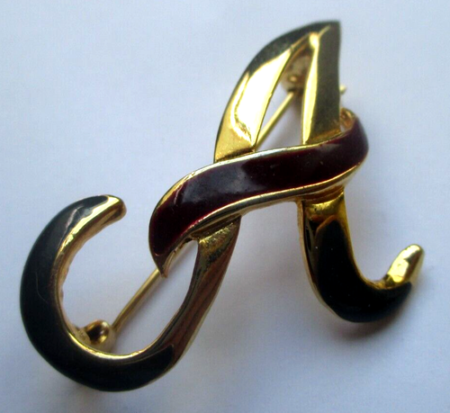 Broche Vintage Monogramme A En Or Poli - Émail Rouge Et Vert - Bijou Fantaisie Femme