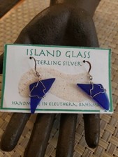 Sterling Silver Earrings Tumbled Sea Glass Cobalt Blue handmade