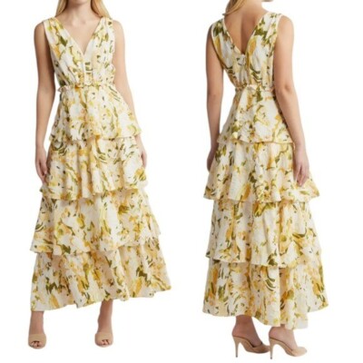 NWT Chelsea28 Nordstrom Women's Yellow Floral Tiered Maxi Dress Size S