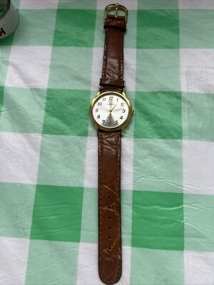 Quemex Moon Phase Womens Watch 19mm Gold Tone  Brown Band New Battery 8.5\