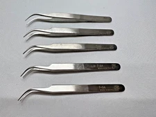 Set Of 5 Aven Tools 7-SA Technik Tweezers Curved Super Fine Points 4-1/2" Length
