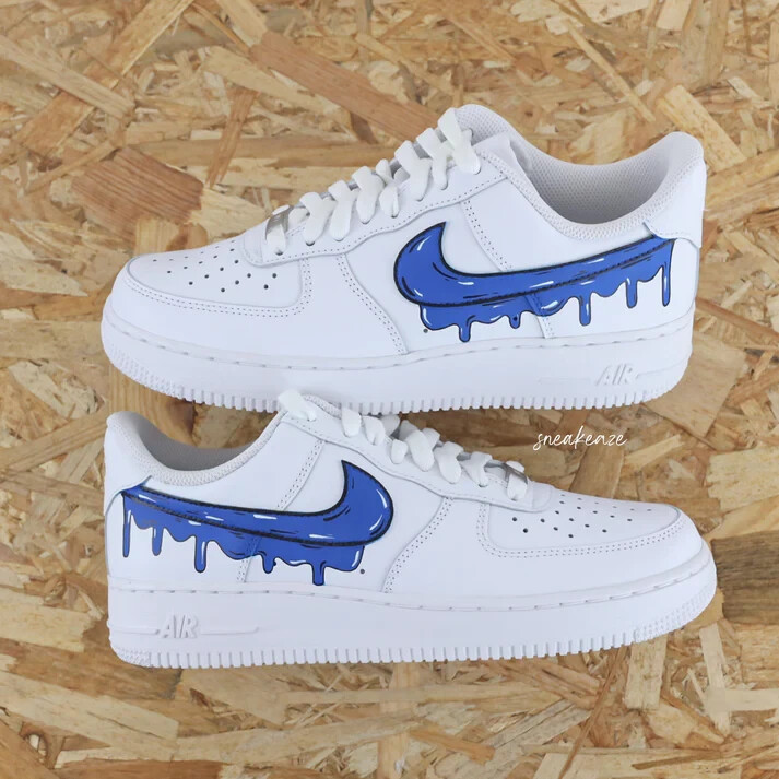 Air Force Low Custom White Shoes Blue Swoosh Drip Cartoon Art