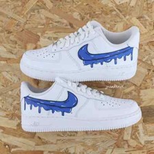 Air Force 1 Low Custom White Shoes Blue Swoosh Drip Cartoon Art Black Outline