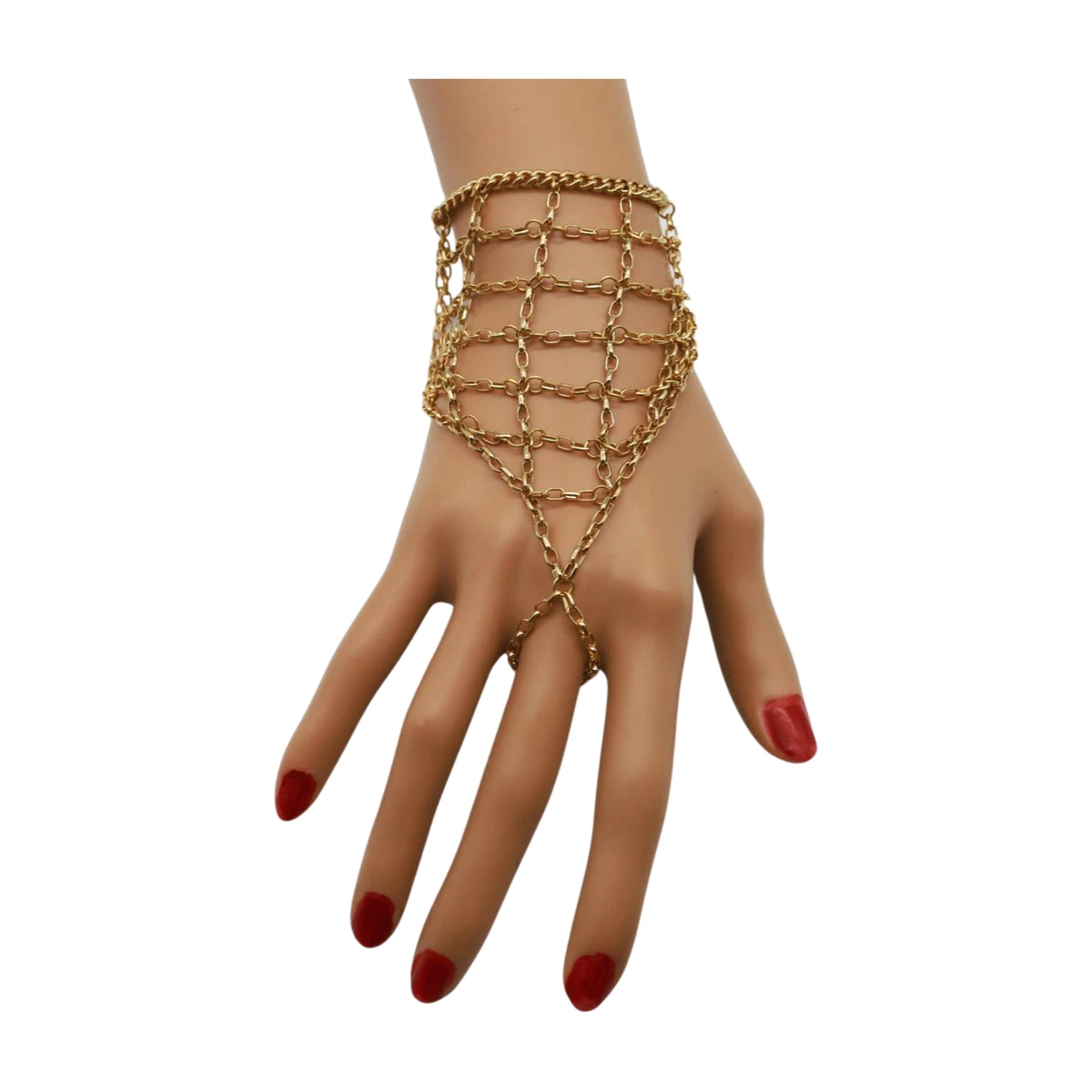 Women Gold Metal Hand Chain Bracelet Web Net Ring Hip Hop Street Wear Jewelry