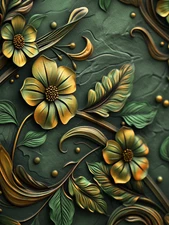 Embossed Green and Gold Floral Design on Leather Texture Poster 18x24in