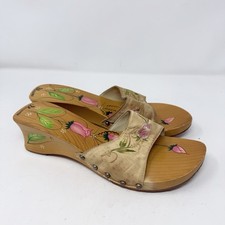 Cool VTG Blossom Flower Hand Painted High Heel Wooden Sandals Y2K Wedge Sz 9.5